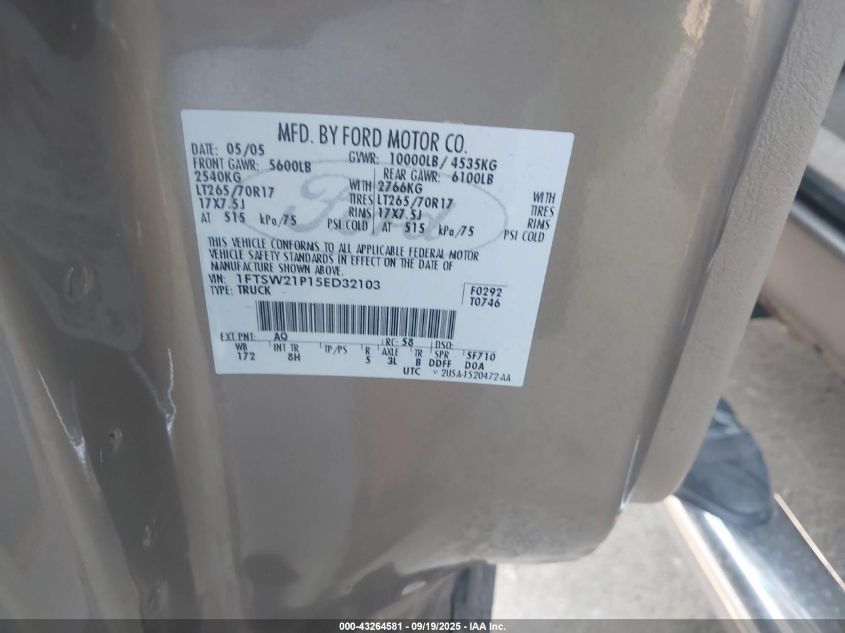 2005 Ford F-250 Lariat/Xl/Xlt VIN: 1FTSW21P15ED32103 Lot: 43264581