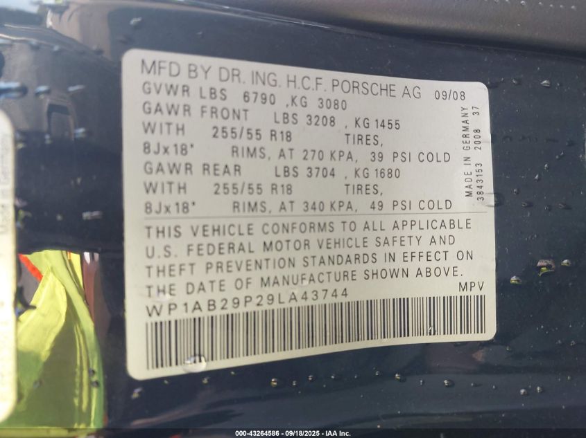 2009 Porsche Cayenne S VIN: WP1AB29P29LA43744 Lot: 43264586