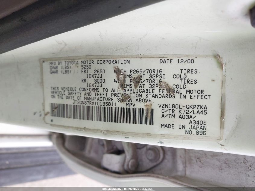 2001 Toyota 4Runner Limited V6 VIN: JT3GN87RX10195811 Lot: 43264587