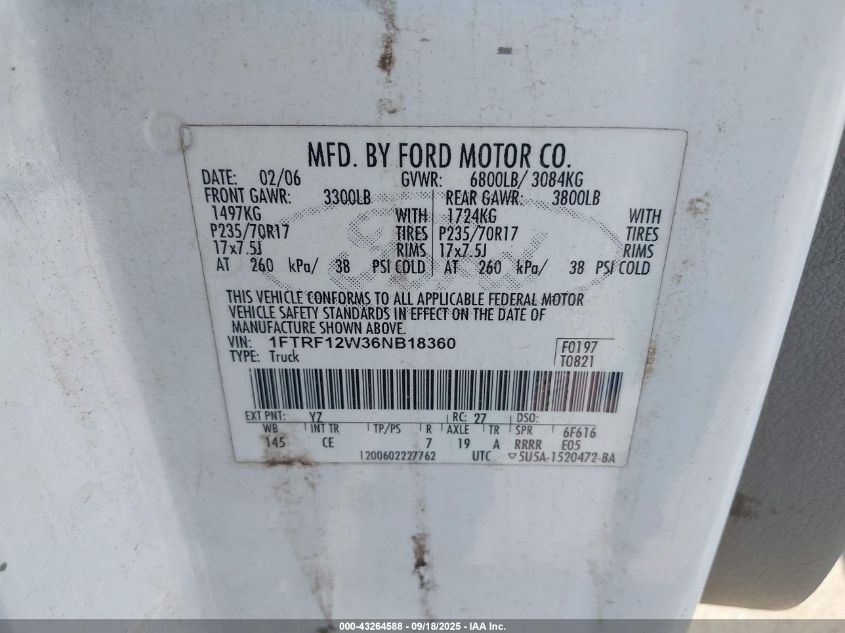 2006 Ford F-150 Stx/Xl/Xlt VIN: 1FTRF12W36NB18360 Lot: 43264588