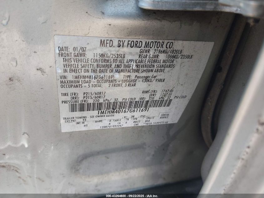 2007 Mercury Montego Luxury VIN: 1MEHM40167G611691 Lot: 43264600