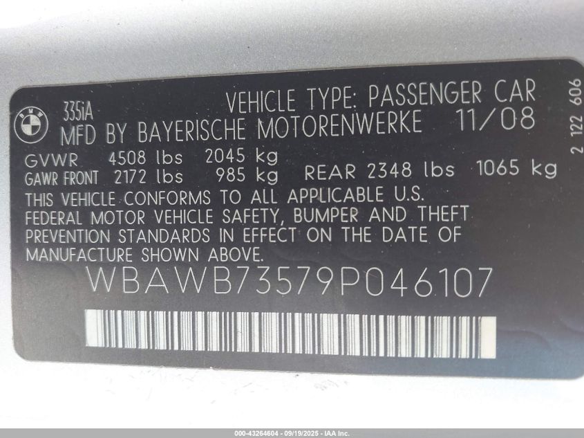 2009 BMW 335I VIN: WBAWB73579P046107 Lot: 43264604