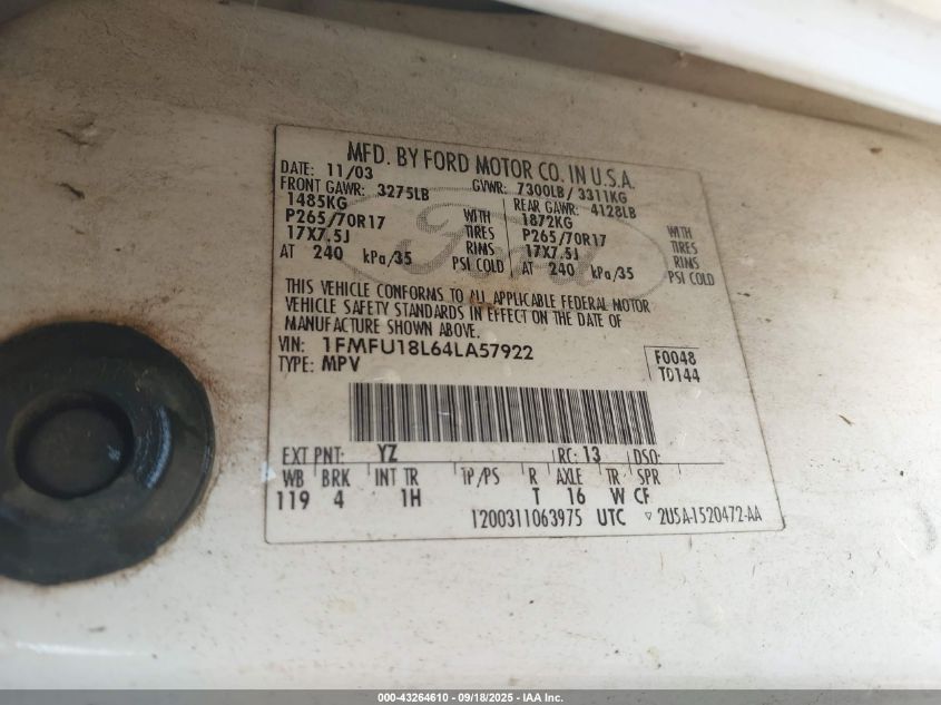 2004 Ford Expedition Eddie Bauer VIN: 1FMFU18L64LA57922 Lot: 43264610