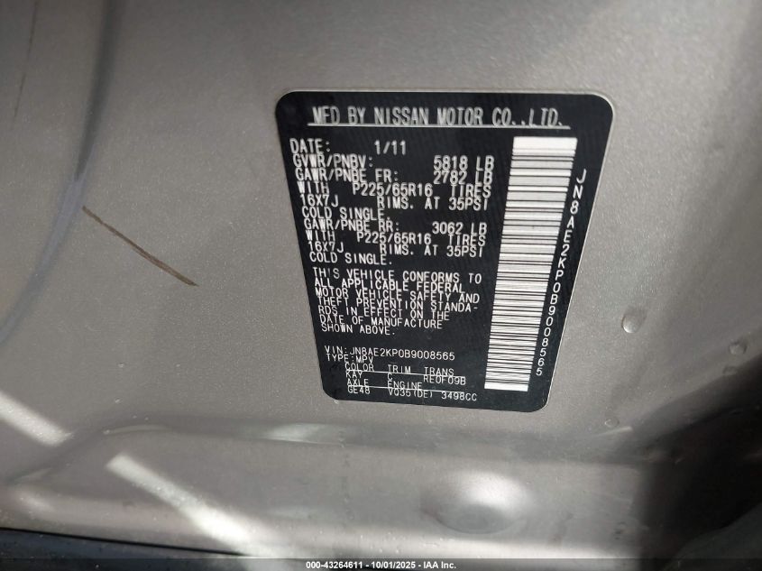 2011 Nissan Quest Sv VIN: JN8AE2KP0B9008565 Lot: 43264611