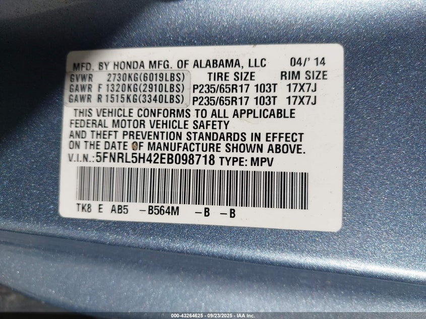 2014 Honda Odyssey Ex VIN: 5FNRL5H42EB098718 Lot: 43264625