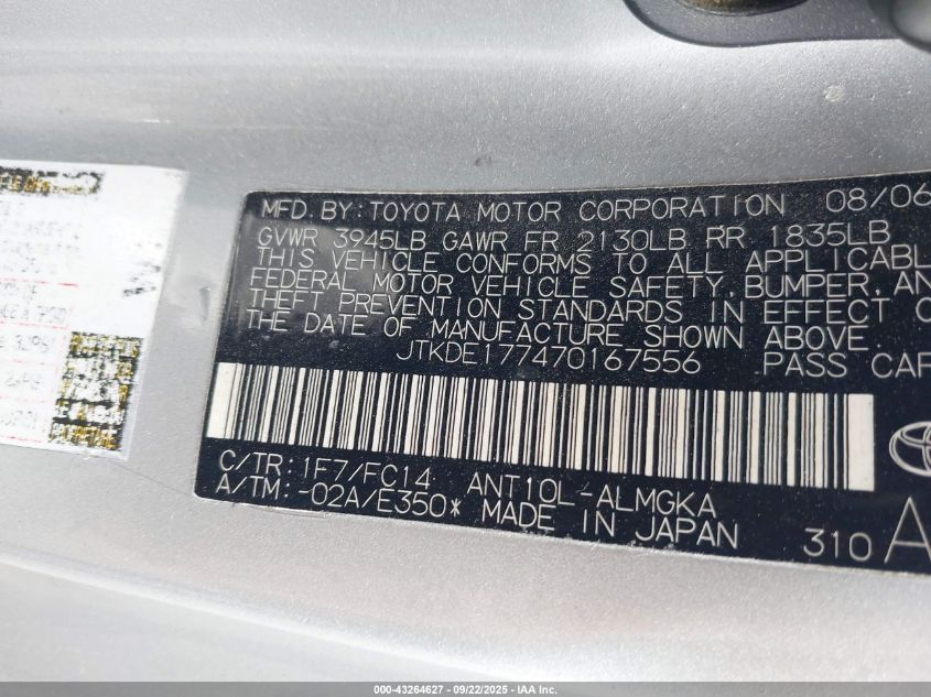 2007 Scion Tc VIN: JTKDE177470167556 Lot: 43264627