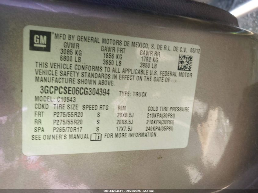 2012 Chevrolet Silverado 1500 Lt VIN: 3GCPCSE06CG304394 Lot: 43264641