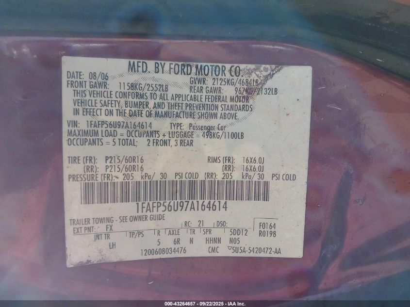 2007 Ford Taurus Sel VIN: 1FAFP56U97A164614 Lot: 43264657