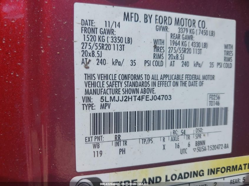 2015 Lincoln Navigator VIN: 5LMJJ2HT4FEJ04703 Lot: 43264662