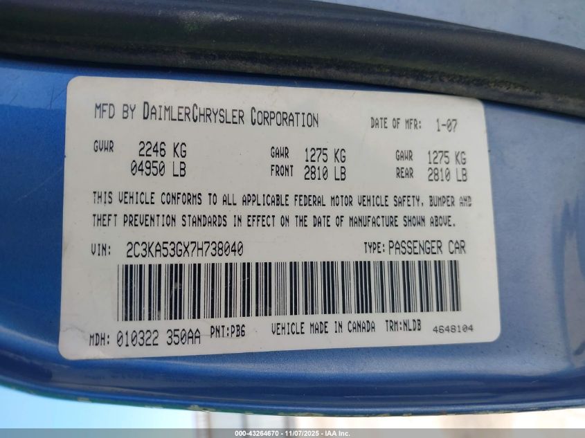 2007 Chrysler 300 Touring VIN: 2C3KA53GX7H738040 Lot: 43264670
