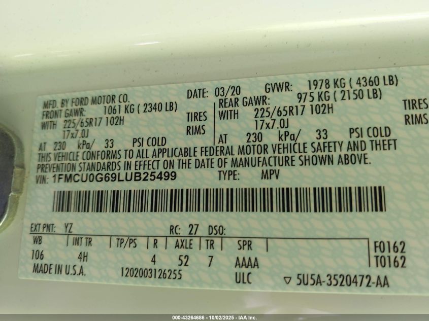 2020 Ford Escape Se VIN: 1FMCU0G69LUB25499 Lot: 43264686