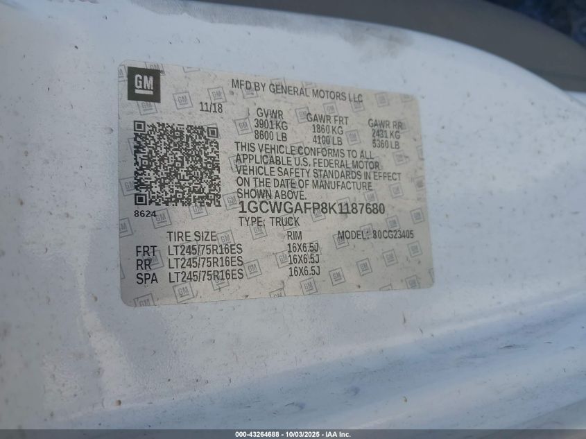 2019 Chevrolet Express 2500 Work Van VIN: 1GCWGAFP8K1187680 Lot: 43264688