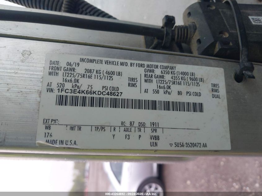 2019 Ford E-450 Stripped VIN: 1FC3E4K66KDC48627 Lot: 43264692