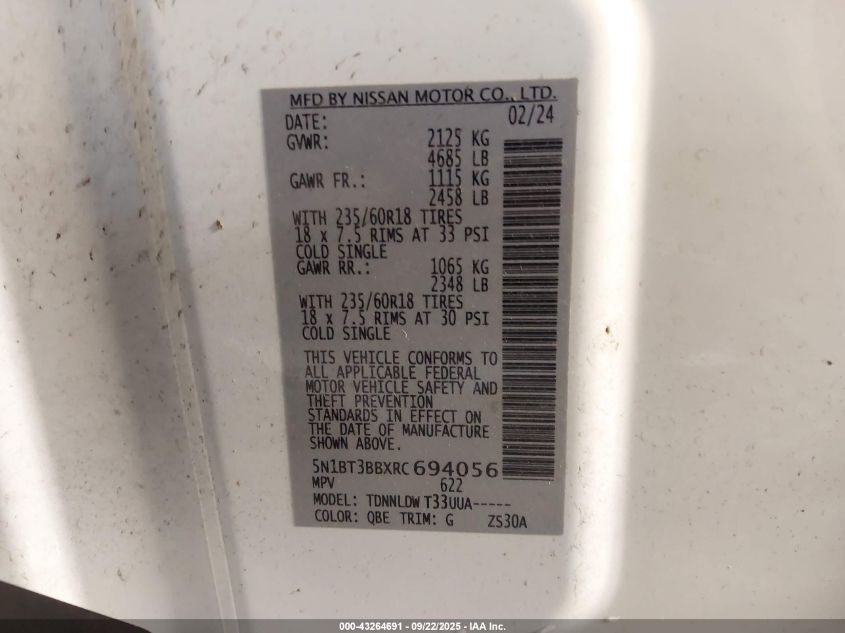 2024 Nissan Rogue Sv Intelligent Awd VIN: 5N1BT3BBXRC694056 Lot: 43264691