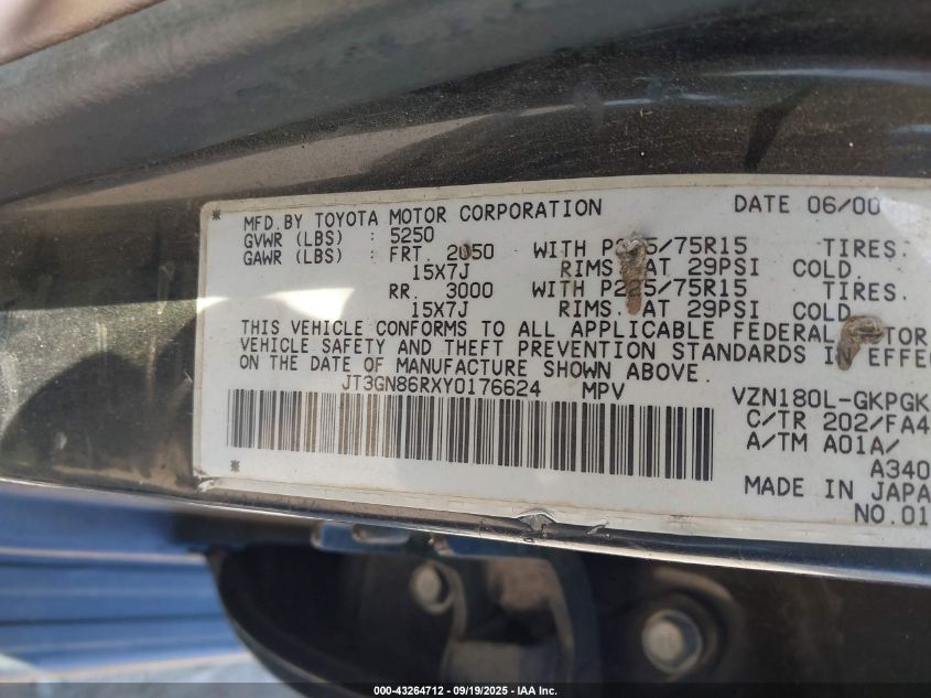 2000 Toyota 4Runner Sr5 V6 VIN: JT3GN86RXY0176624 Lot: 43264712