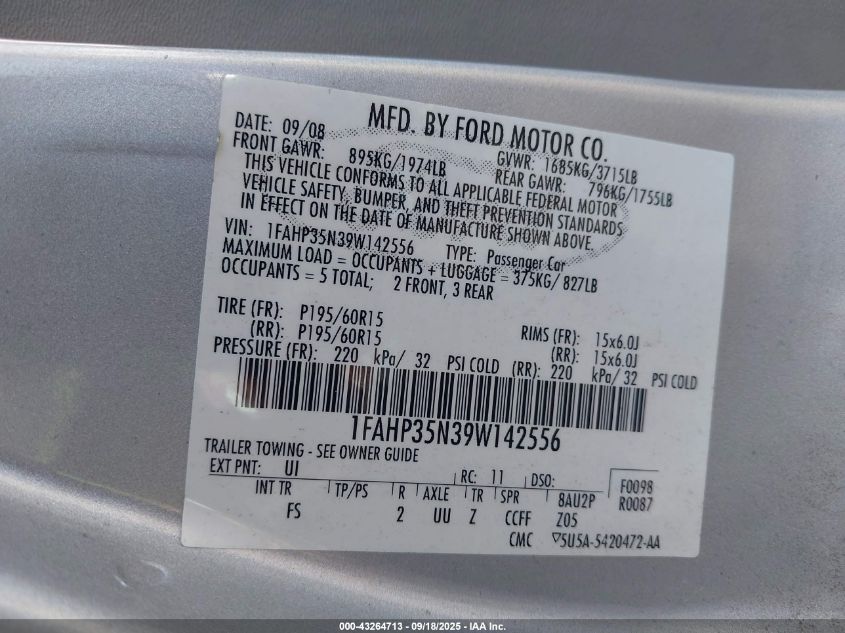 2009 Ford Focus Se VIN: 1FAHP35N39W142556 Lot: 43264713