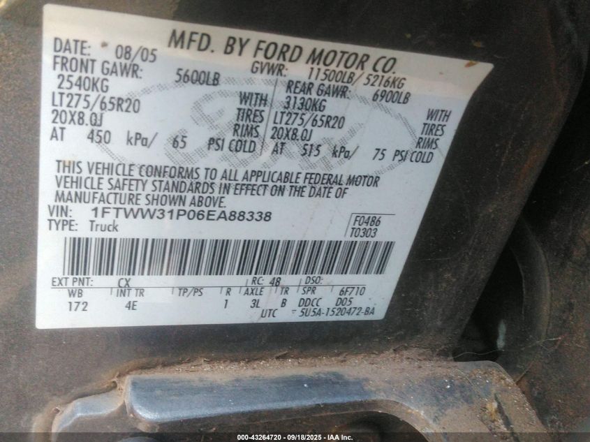 2006 Ford F-350 Lariat/Xl/Xlt VIN: 1FTWW31P06EA88338 Lot: 43264720