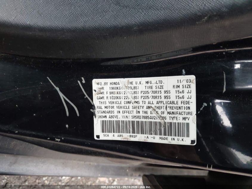 2004 Honda Cr-V Ex VIN: SHSRD78854U215386 Lot: 43264722