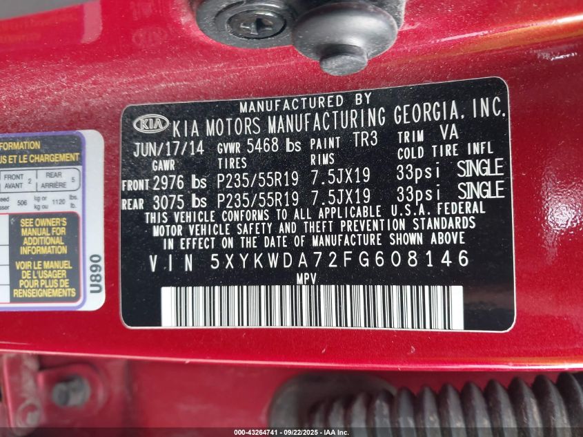 2015 Kia Sorento Sx V6 VIN: 5XYKWDA72FG608146 Lot: 43264741