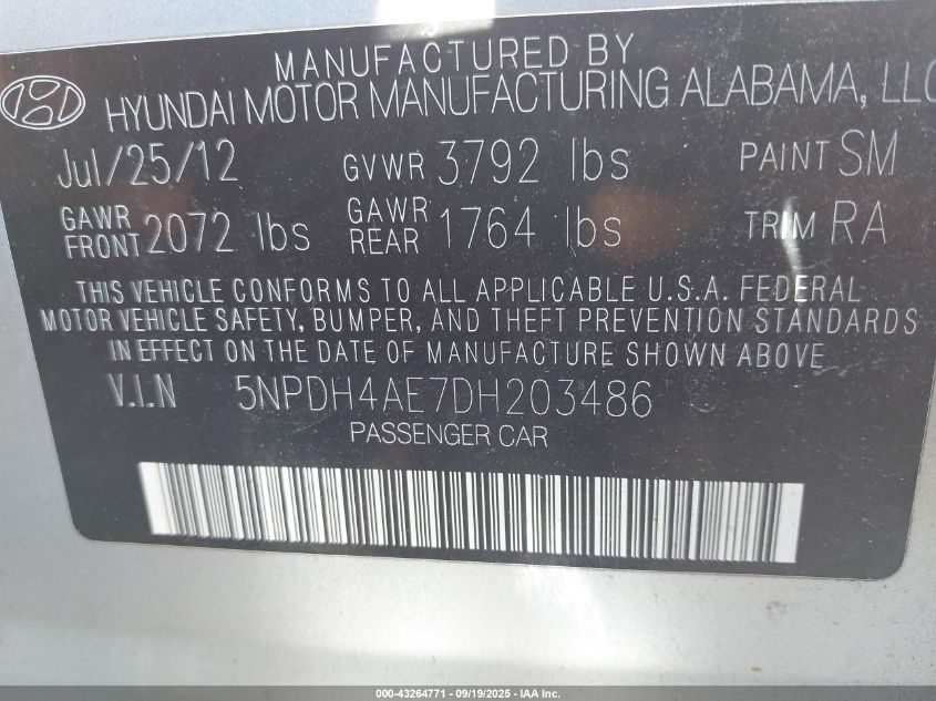 2013 Hyundai Elantra Gls VIN: 5NPDH4AE7DH203486 Lot: 43264771