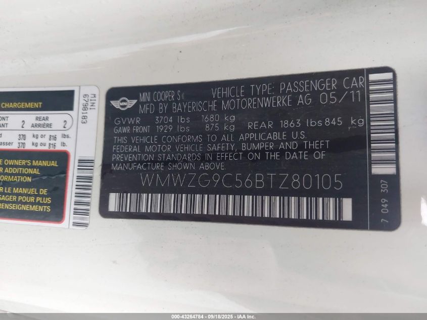 2011 Mini John Cooper Works Clubman VIN: WMWZG9C56BTZ80105 Lot: 43264784