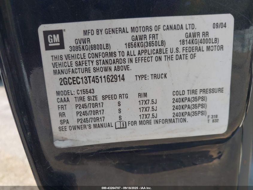 2005 Chevrolet Silverado 1500 Ls VIN: 2GCEC13T451162914 Lot: 43264787