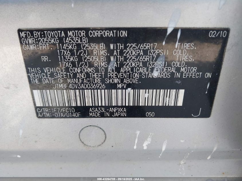 2010 Toyota Rav4 VIN: JTMBF4DV3AD036926 Lot: 43264789