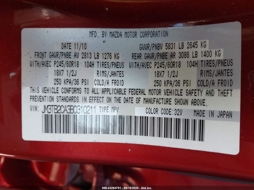 2011 Mazda Cx-9 Touring VIN: JM3TB2CA3B0310211 Lot: 43264791