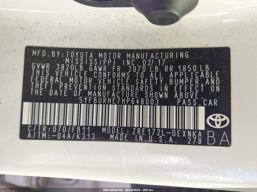 2017 Toyota Corolla Le VIN: 5YFBURHE7HP648003 Lot: 43264792