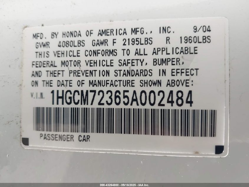 2005 Honda Accord 2.4 Lx VIN: 1HGCM72365A002484 Lot: 43264800