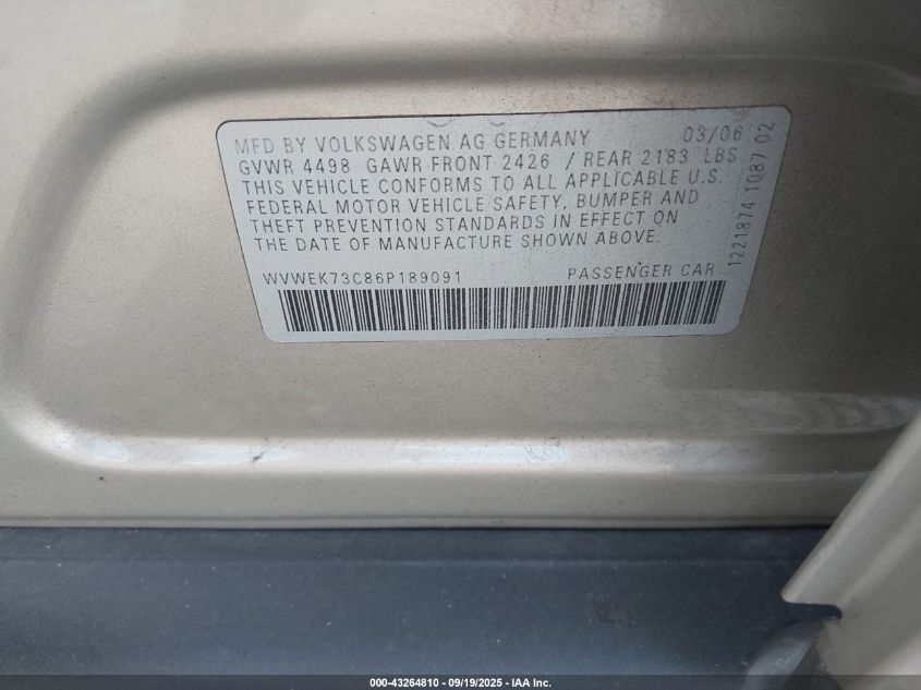 2006 Volkswagen Passat 2.0T VIN: WVWEK73C86P189091 Lot: 43264810