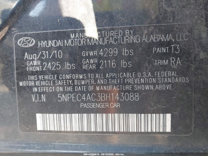 2011 Hyundai Sonata Se VIN: 5NPEC4AC3BH143088 Lot: 43264815