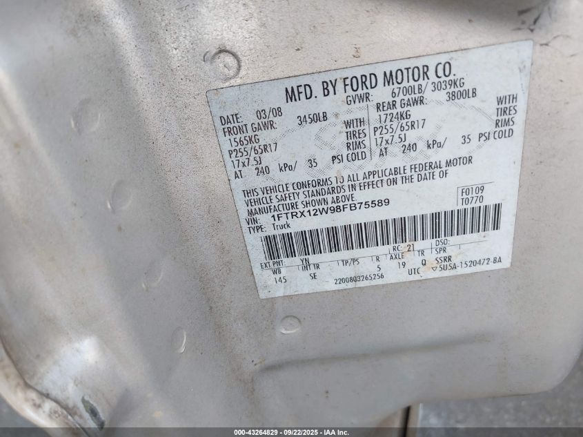 2008 Ford F-150 Fx2/Stx/Xl/Xlt VIN: 1FTRX12W98FB75589 Lot: 43264829