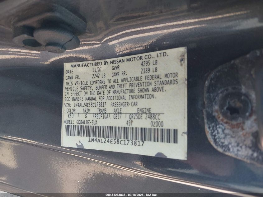 2008 Nissan Altima 2.5 S VIN: 1N4AL24E58C173817 Lot: 43264835