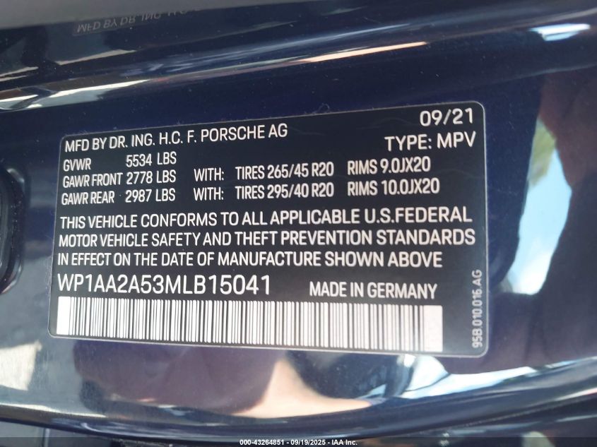 2021 Porsche Macan VIN: WP1AA2A53MLB15041 Lot: 43264851