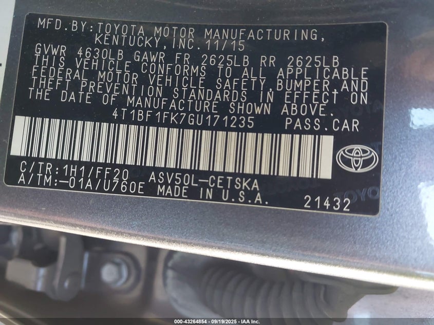 2016 Toyota Camry Se VIN: 4T1BF1FK7GU171235 Lot: 43264854