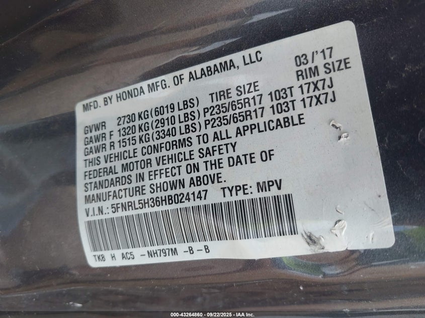 2017 HONDA ODYSSEY SE - 5FNRL5H36HB024147