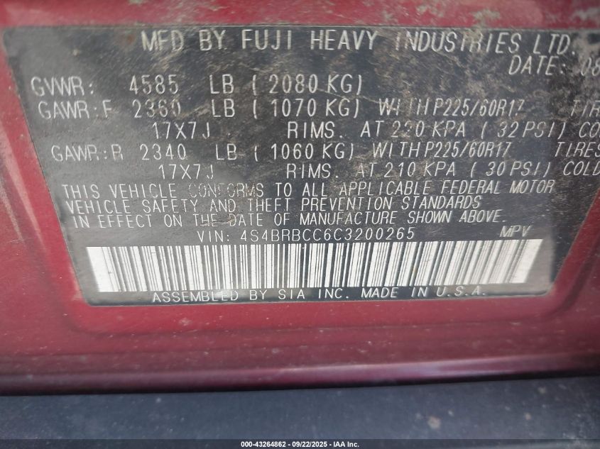 2012 Subaru Outback 2.5I Premium VIN: 4S4BRBCC6C3200265 Lot: 43264862