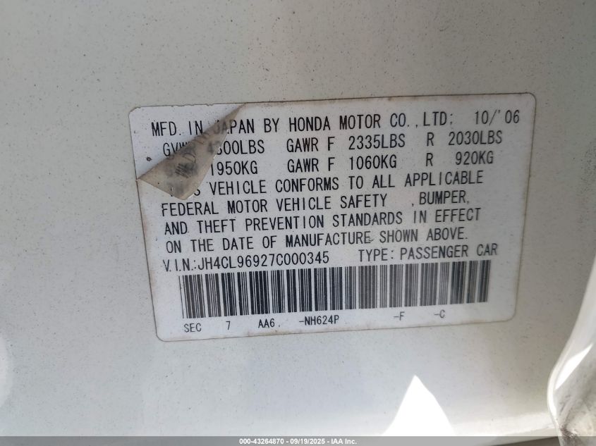 2007 Acura Tsx VIN: JH4CL96927C000345 Lot: 43264870