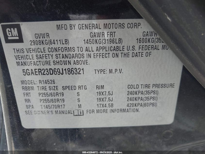 2009 Buick Enclave Cxl VIN: 5GAER23D69J186321 Lot: 43264872