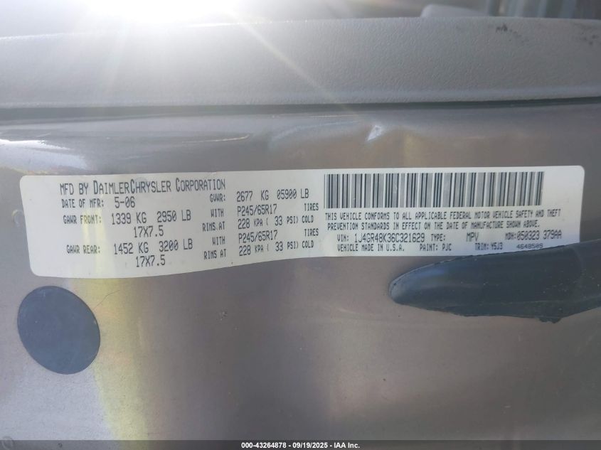 2006 Jeep Grand Cherokee Laredo/Columbia/Freedom VIN: 1J4GR48K36C321629 Lot: 43264878