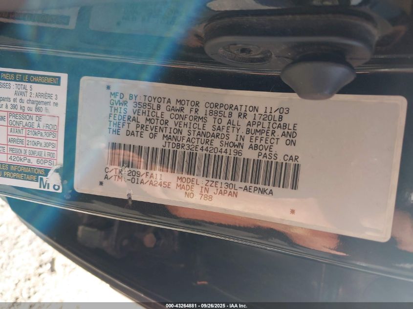 2004 Toyota Corolla Le VIN: JTDBR32E442044196 Lot: 43264881