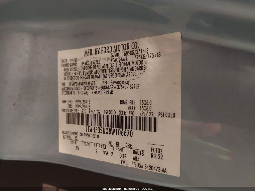 2008 Ford Focus Se/Ses VIN: 1FAHP35NX8W106670 Lot: 43264904