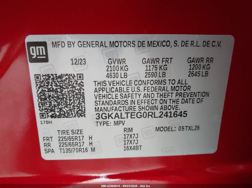 2024 GMC Terrain Awd Sle VIN: 3GKALTEG0RL241645 Lot: 43264910