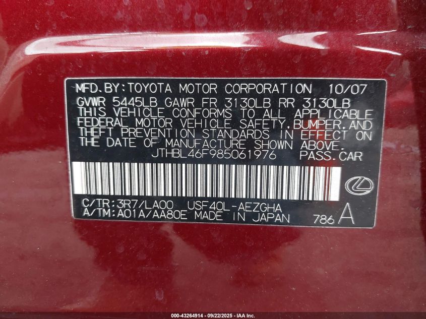 2008 Lexus Ls 460 VIN: JTHBL46F985061976 Lot: 43264914