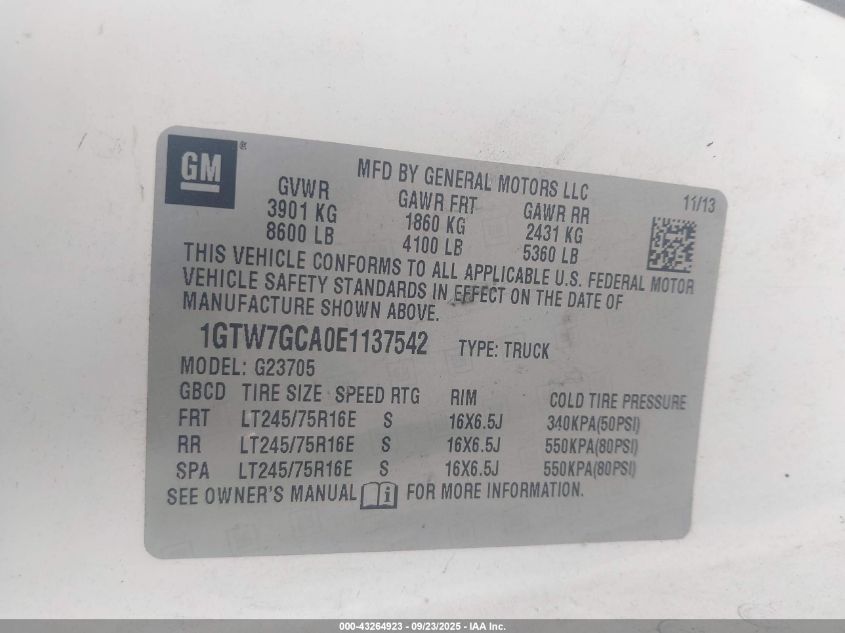 2014 GMC Savana 2500 Work Van VIN: 1GTW7GCA0E1137542 Lot: 43264923