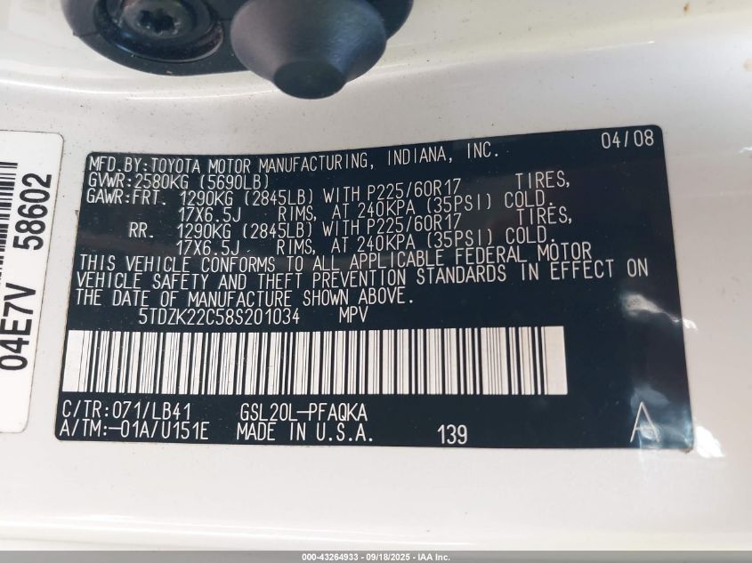 2008 Toyota Sienna Limited VIN: 5TDZK22C58S201034 Lot: 43264933