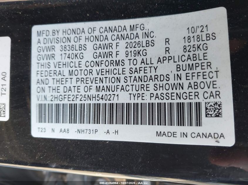 2022 Honda Civic Lx VIN: 2HGFE2F25NH540271 Lot: 43264964