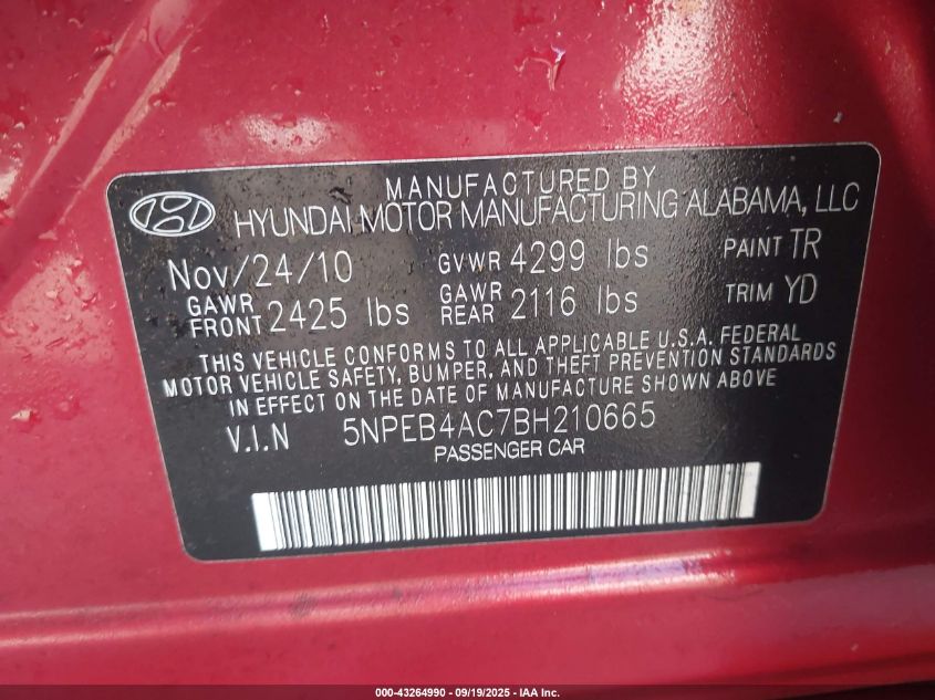 2011 Hyundai Sonata Gls VIN: 5NPEB4AC7BH210665 Lot: 43264990