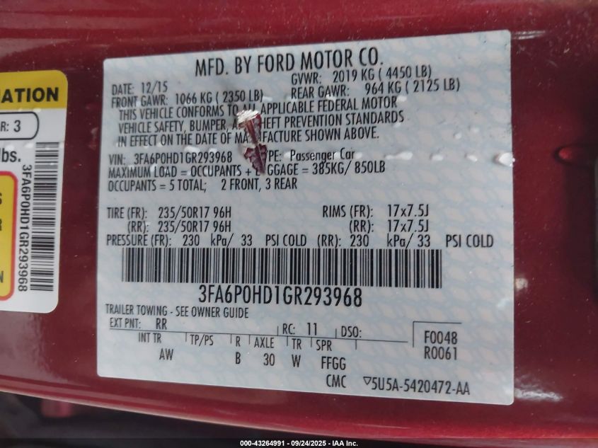 2016 Ford Fusion Se VIN: 3FA6P0HD1GR293968 Lot: 43264991